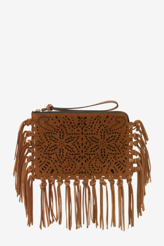 Düz Kese Saçaklı Deri Clutch Çanta