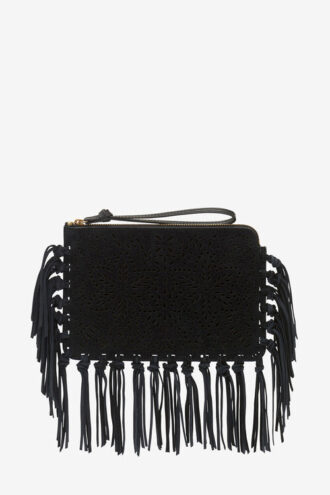 Düz Kese Saçaklı Deri Clutch Çanta