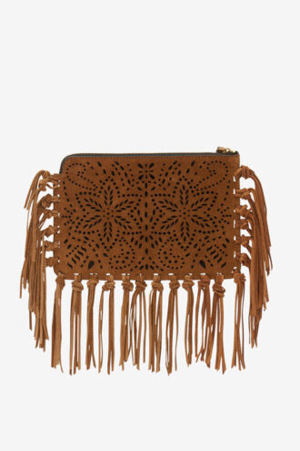 Düz Kese Saçaklı Deri Clutch Çanta